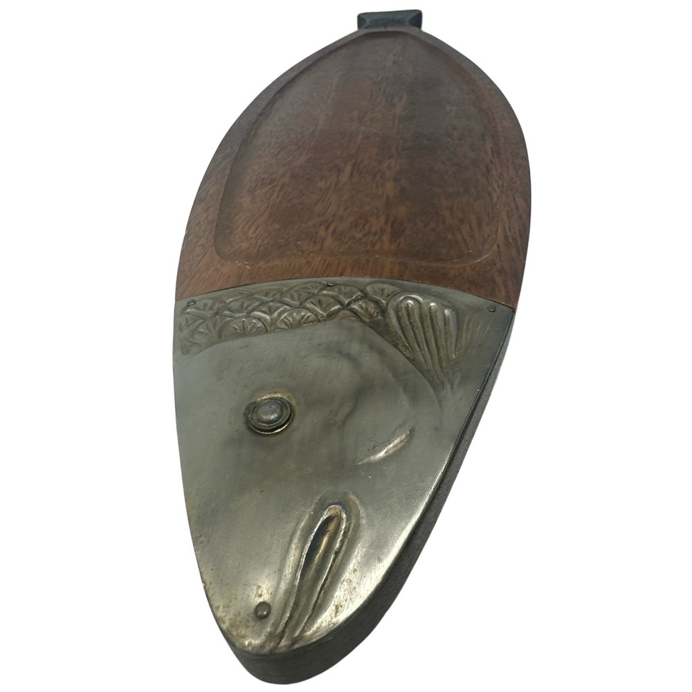 RARE 1960's MCM Fish Platter Teak Pewter Serving Board Japan 26.5" MINT w/BOX